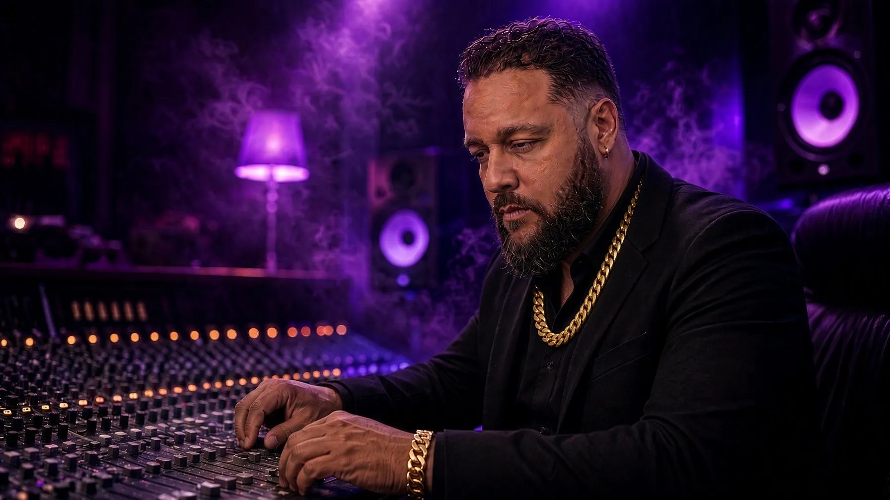 Fatz DaGhost working at the mixing console in a purple-lit studio