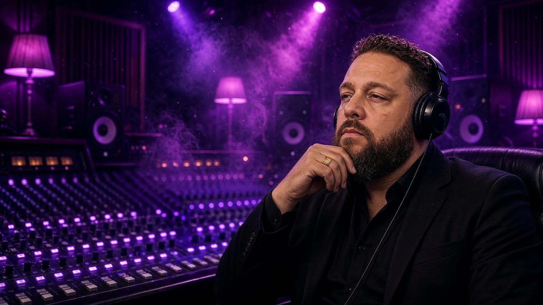 Fatz DaGhost in a purple-lit recording studio